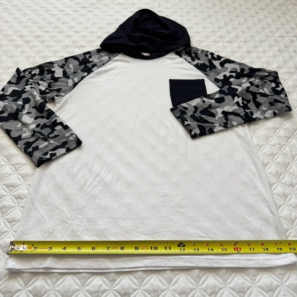 The Children's Place Colorblock Hooded Camo Long Sleeve Top White Black Sz XL
